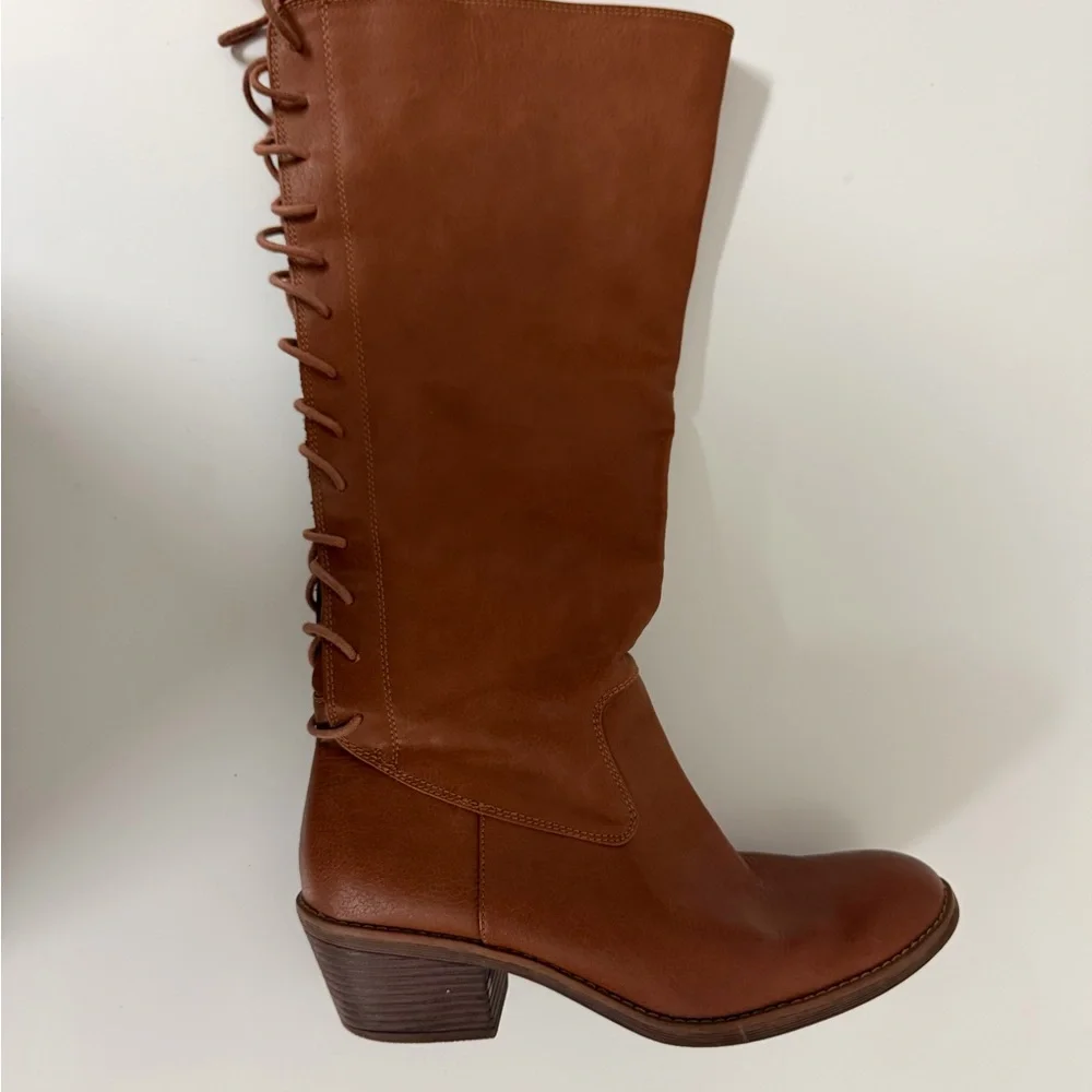 Over-the-Knee Lace-Back‎ Brown Leather Boots